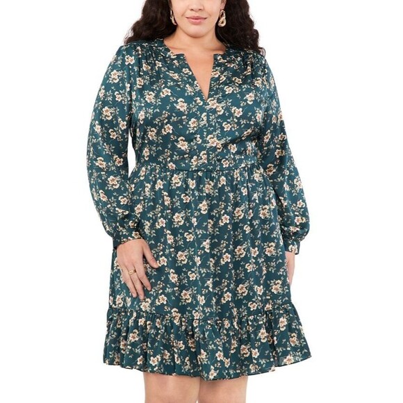 Vince Camuto Women's Plus Size Floral-Print Baby doll Dress Deep Forest Green 1X - Picture 1 of 11